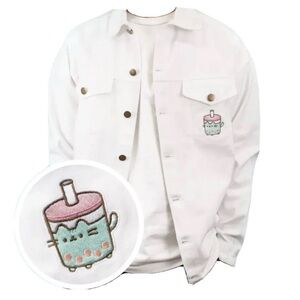 Pusheen White Jean Jacket Cute Bubble Tea Embroidered Patch 3XL limited edition
